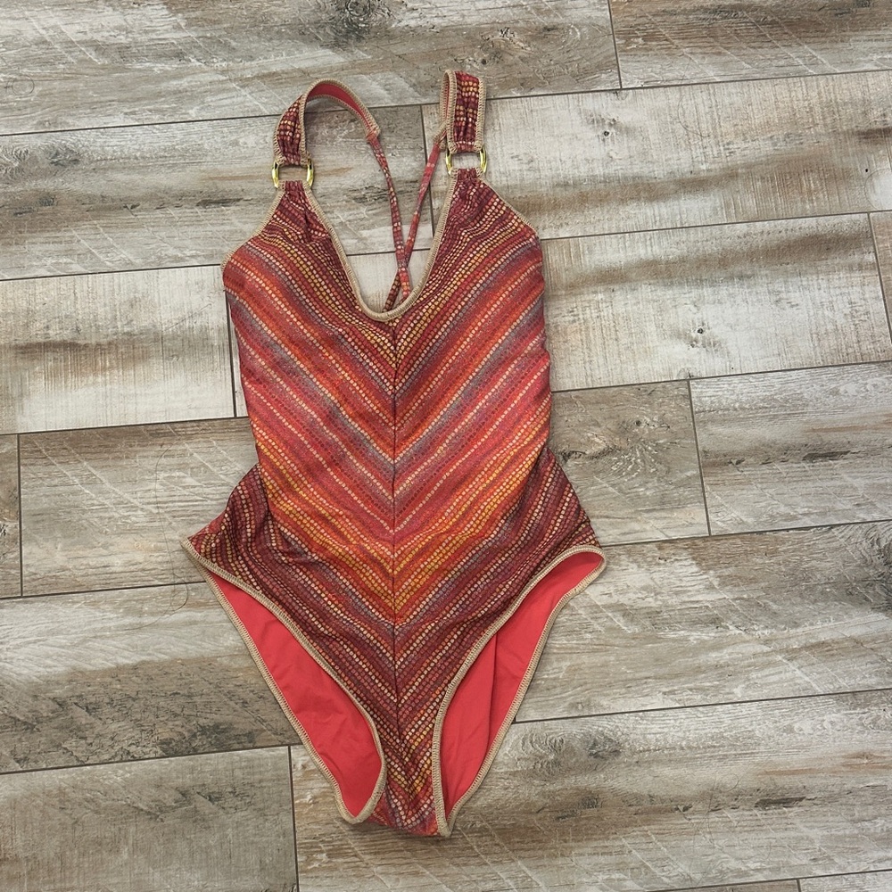 BECCA Red and Orange Striped One Piece Swimsuit